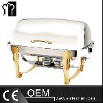 Stainless Steel Rectangular  Roll Top Chafing Dish Set With  Titanium Plated Handle And Legs